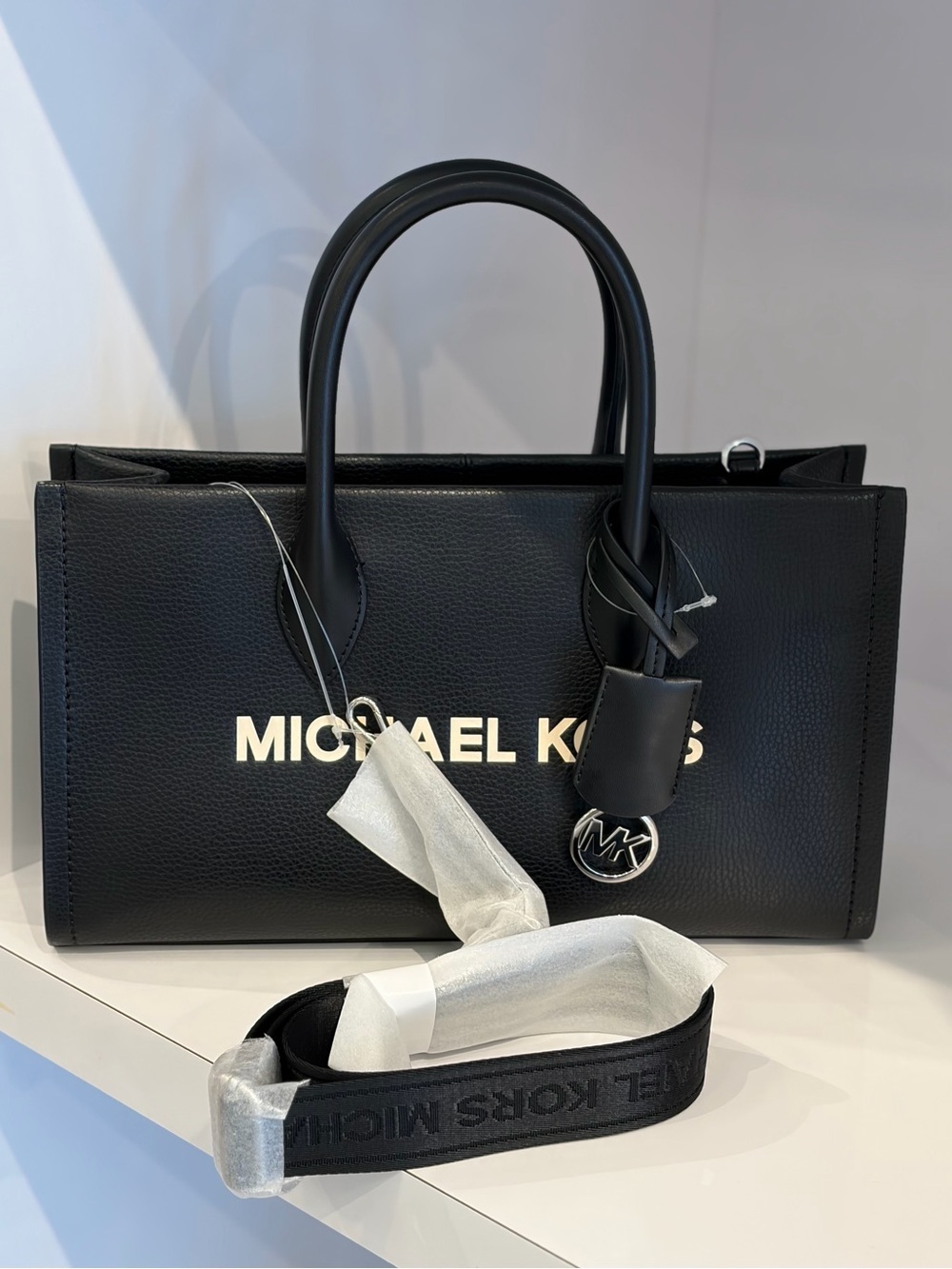 MICHAEL KORS Black Leather Logo Tote with Top Handles - Picture 9 of 11